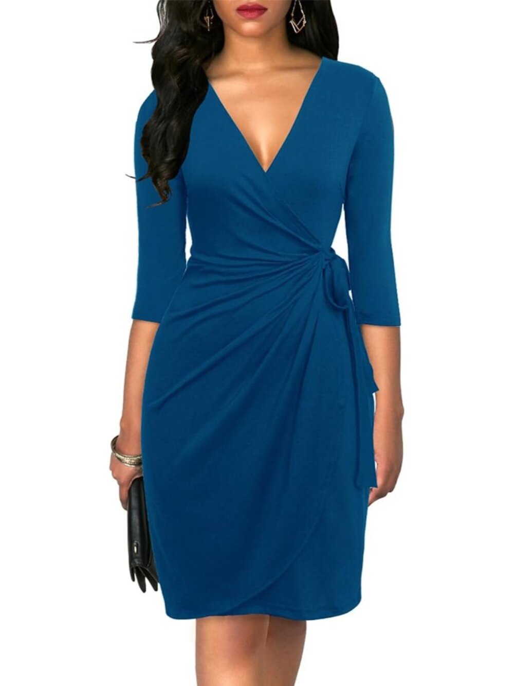 Women's Deep Blue 3/4 Sleeve Elegant V Neck Bodycon Midi Knee Wrap Dresses
